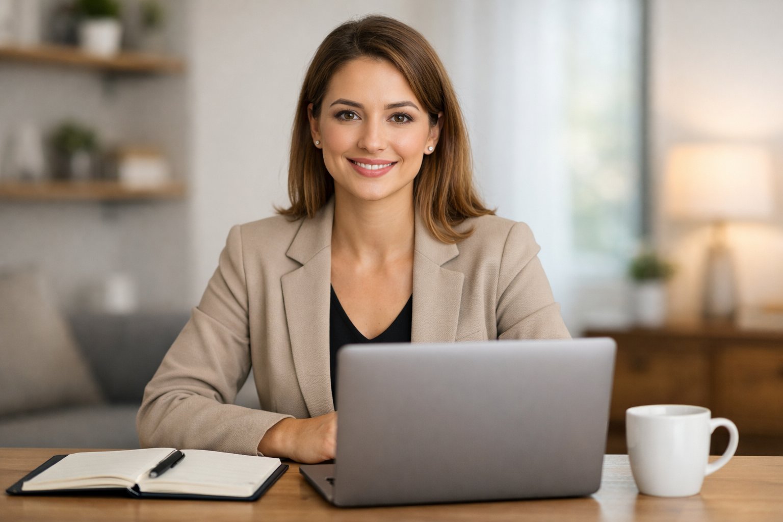 A woman sitting at a desk in front of a laptop, smiling confidently during a remote job interview in a well-lit room.