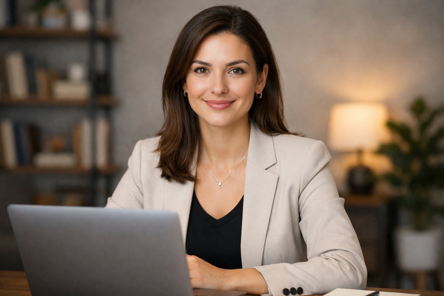 A young woman sitting at a desk looking into a laptop camera during a remote job interview in a home office.