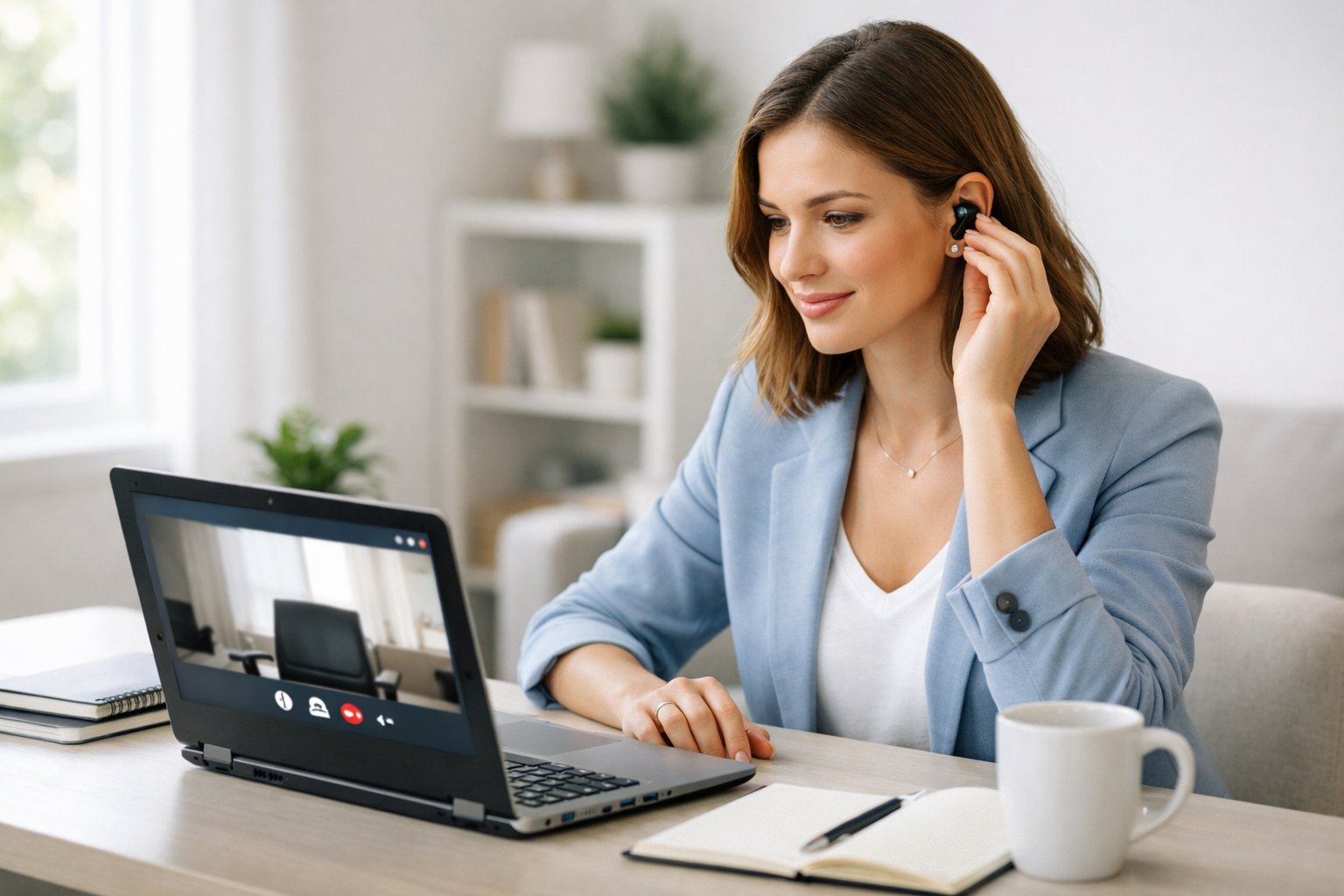 A woman sitting at a desk in a home office, preparing for a remote job interview on her laptop.