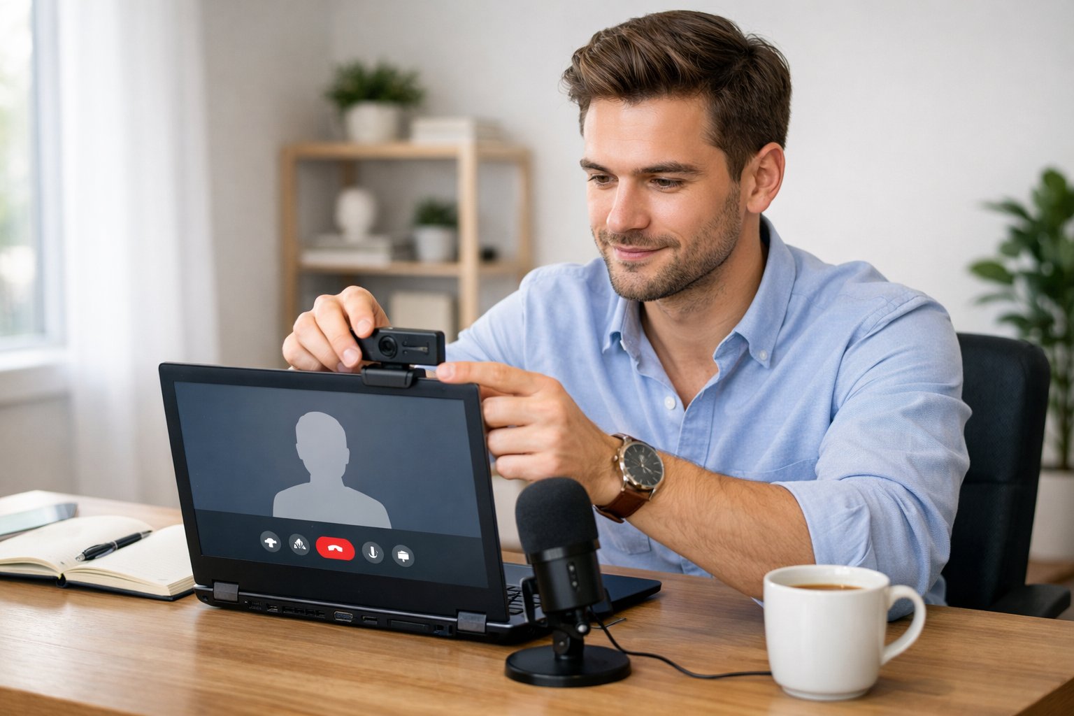 A young adult in smart casual clothes sitting at a home office desk, adjusting a webcam with a laptop and notebook nearby.