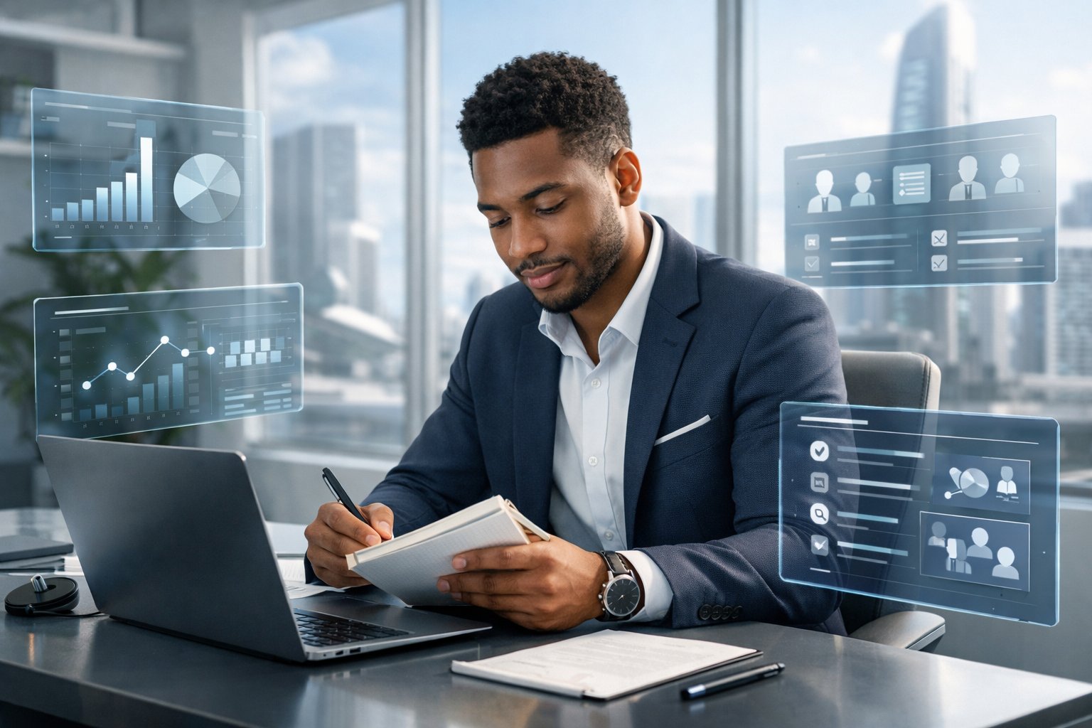 A young professional sitting at a desk in a modern office, preparing for a job interview with a laptop and digital screens around them.
