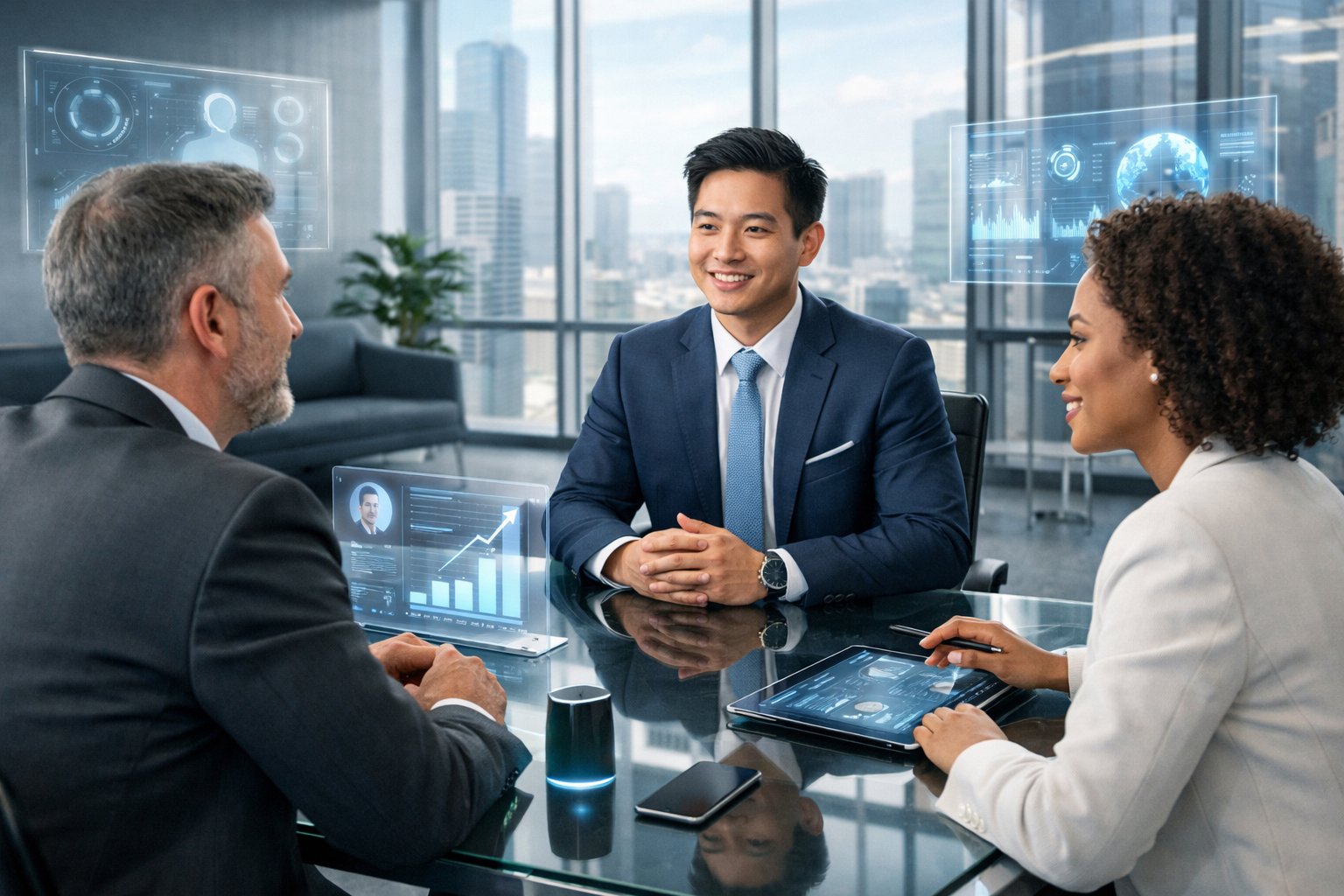 A job interview taking place in a modern office with a candidate speaking to two interviewers at a glass table.