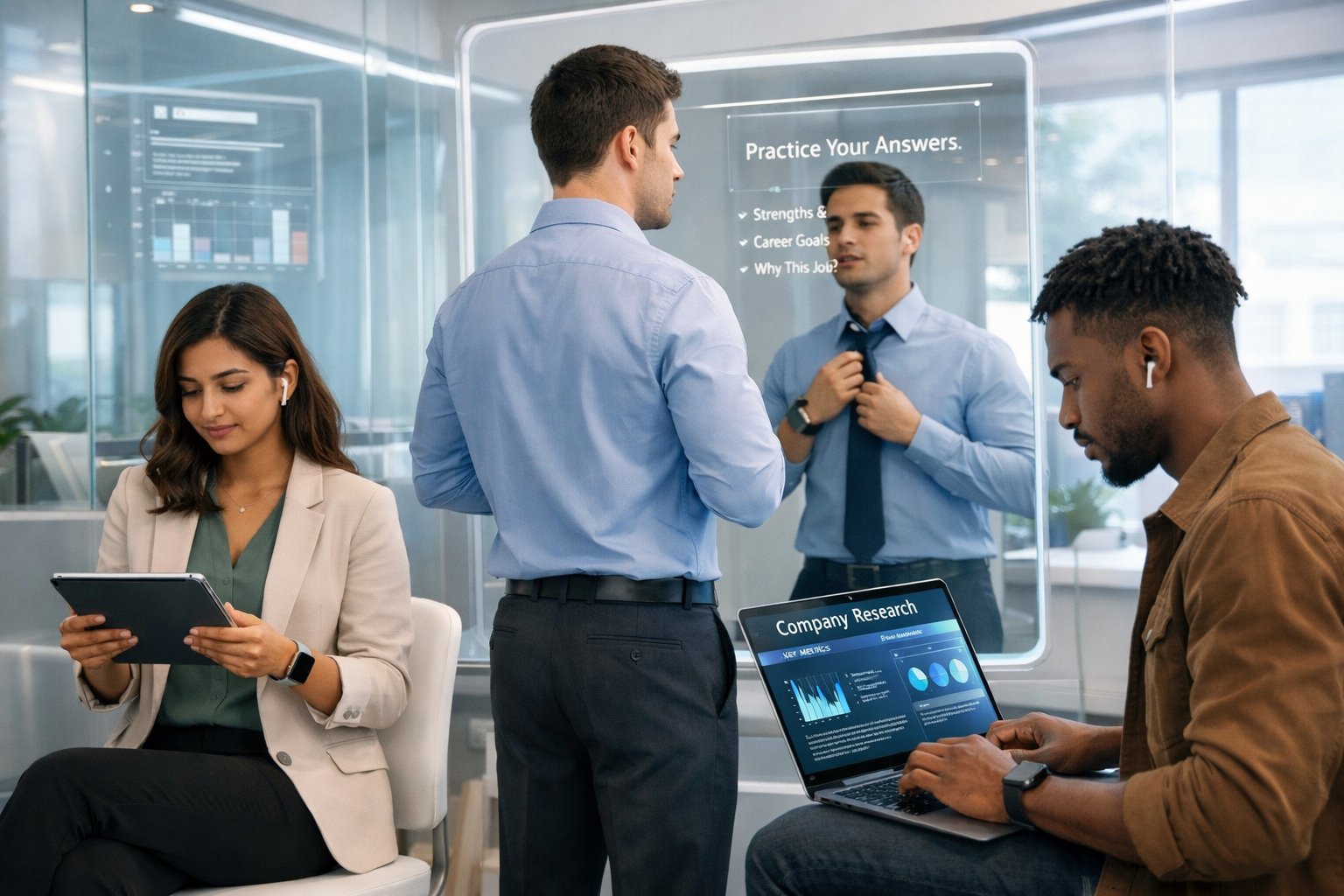 Three young adults preparing for a job interview in a bright modern office, reviewing notes, practicing answers, and researching on a laptop.