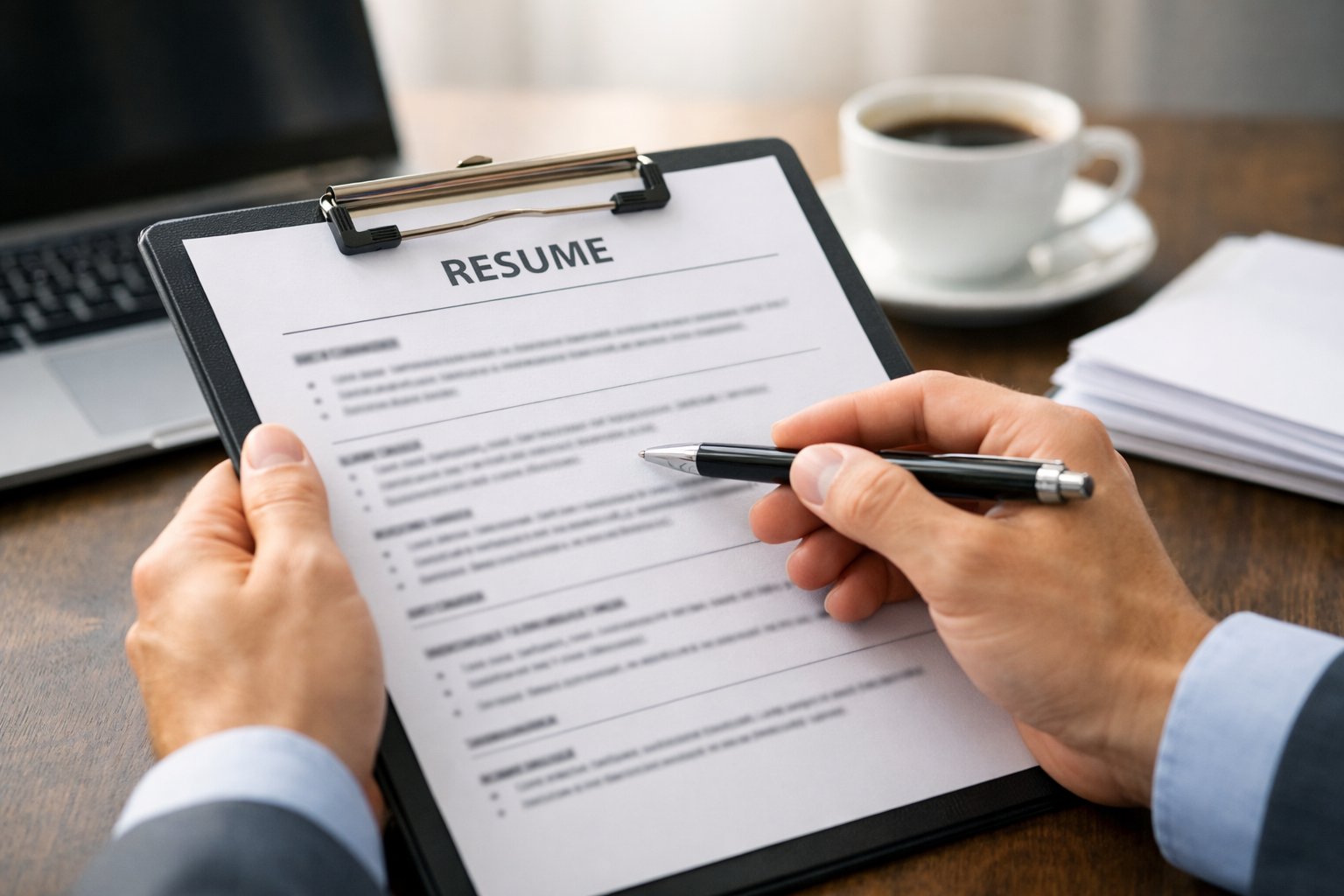 Hands reviewing a resume on a clipboard at a desk with a laptop and coffee cup nearby.