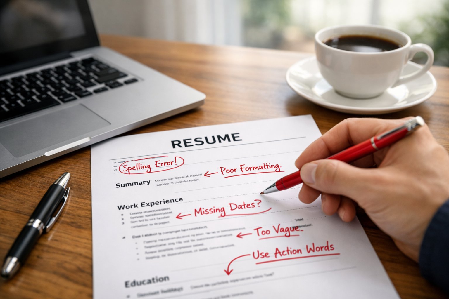 A close-up of a resume on a desk with red pen corrections, a laptop, and a hand holding a pen in an office setting.