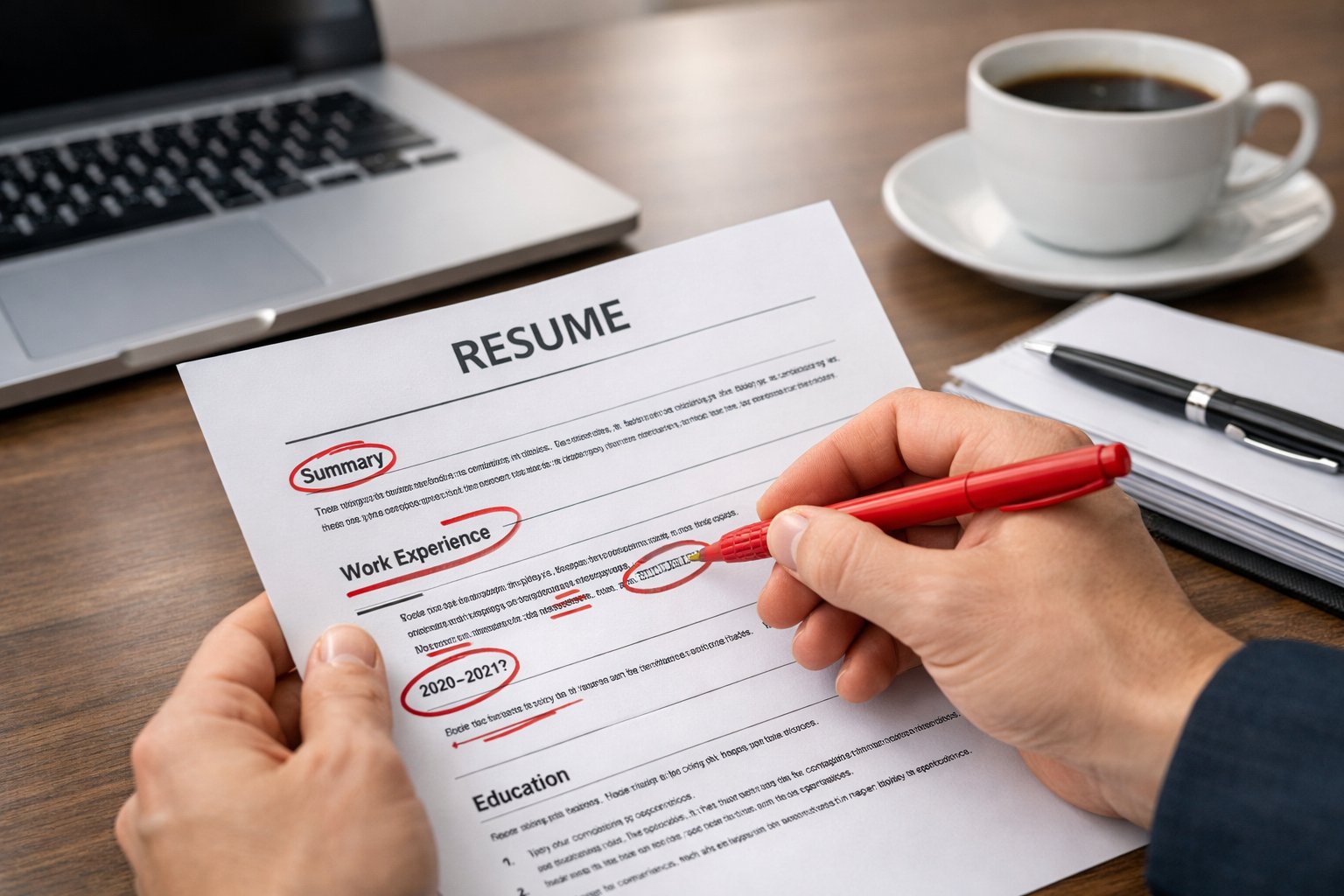 A person marking corrections on a printed resume with a red pen at a desk with a laptop and coffee.