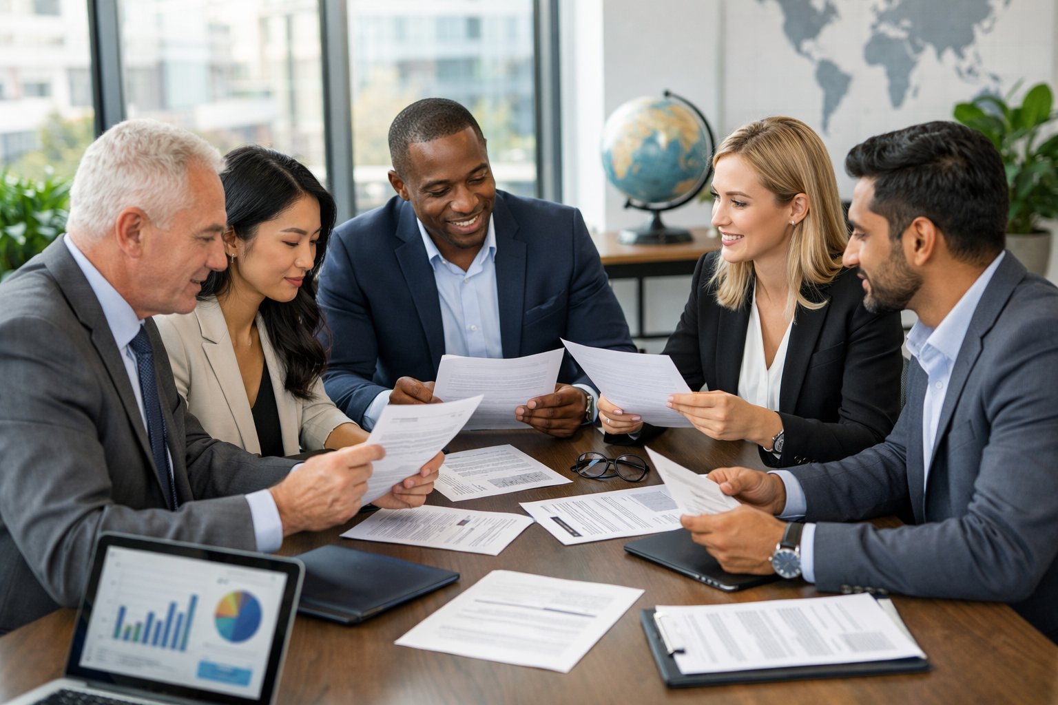 A group of business professionals reviewing resumes and documents together in a bright office with world maps in the background.