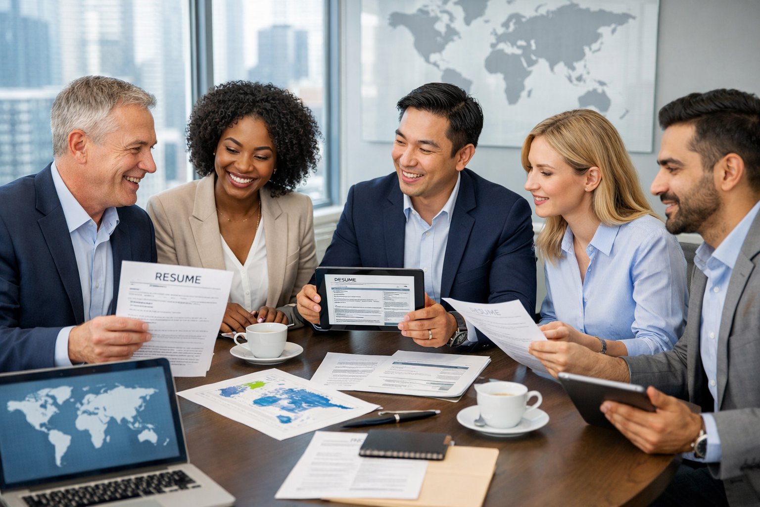 A diverse group of business professionals reviewing resumes together in a modern office with a city view.