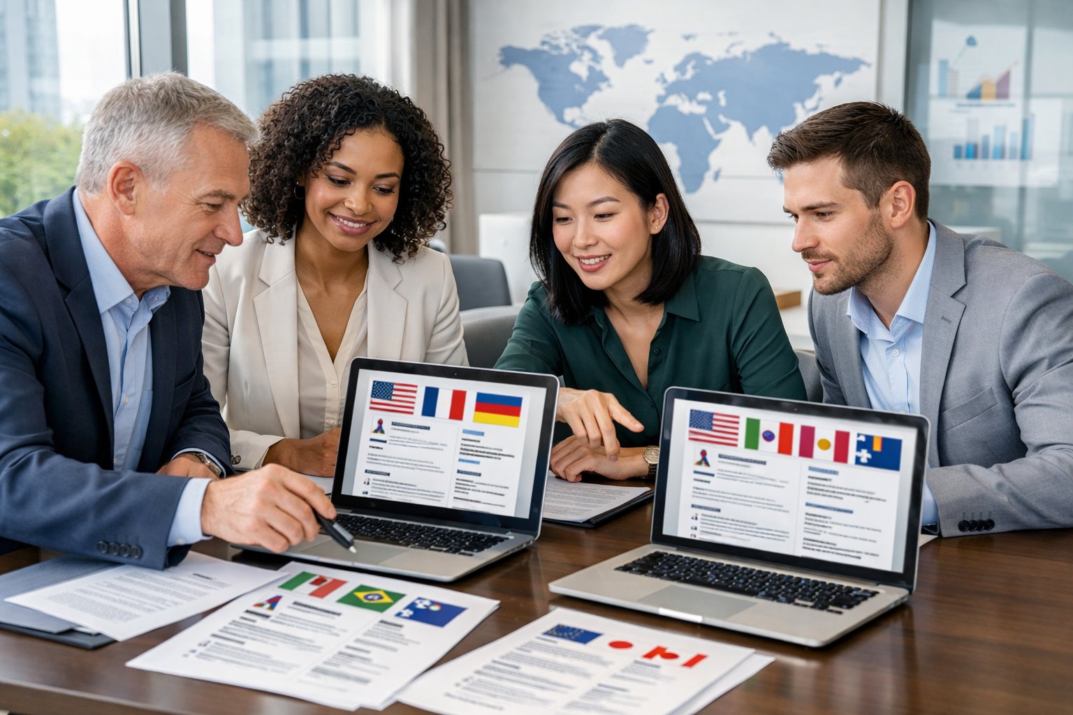 A diverse group of business professionals collaborating around a table reviewing documents and laptops in a modern office.